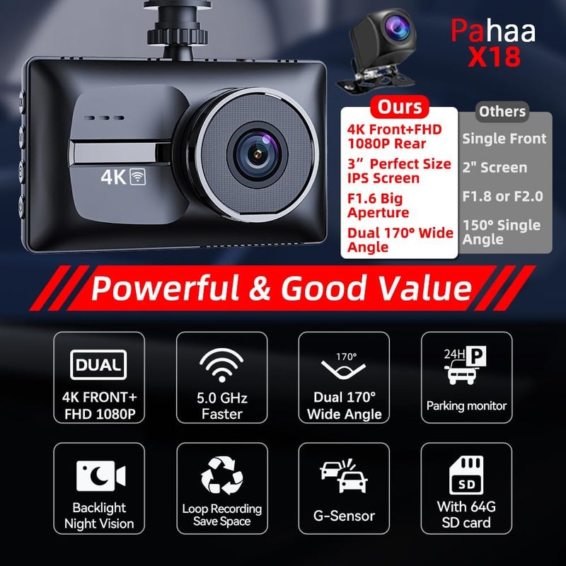 pahaa Dash Cam 4K 2160P Front and Rear, 5G WiFi High Speed Dash Camera for Cars with App, 3.0" IPS Screen,UHD Night Vision 24H Parking Mode, 170° Ultra Wide Angle, WDR, G-Sensor,with a Free 64G SD Card - Image 2